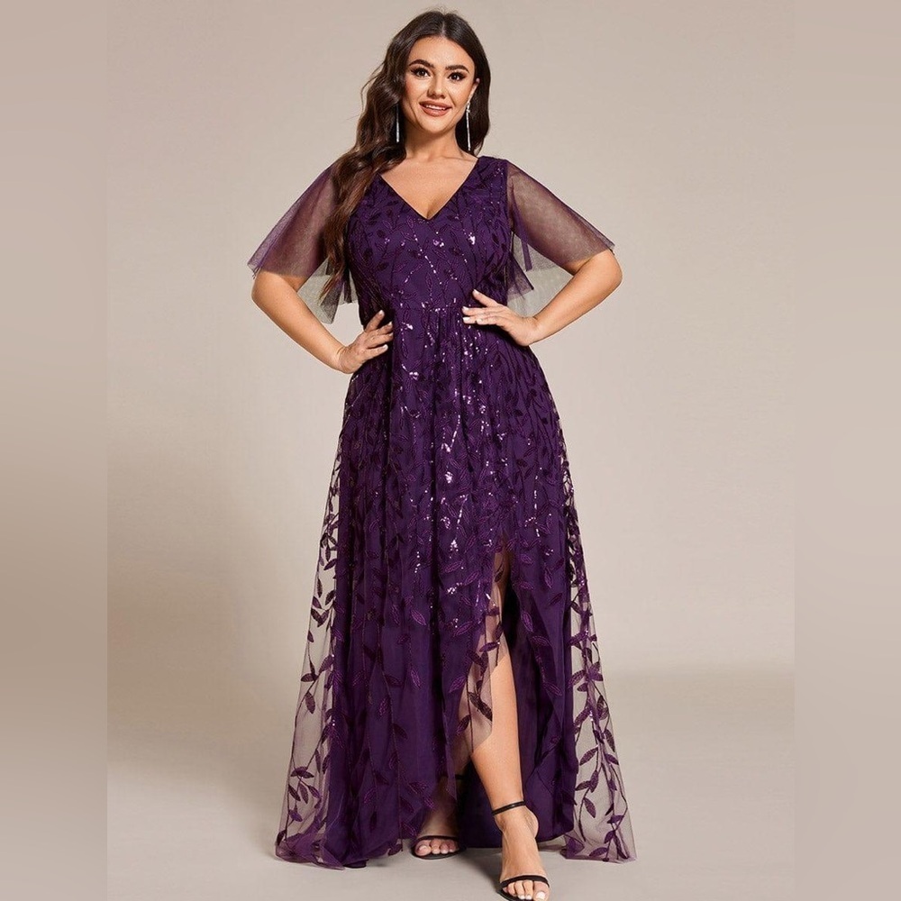 🆕 Plus Size Short Sleeves Sequin High Low V-Neck Midi Formal Evening Dress